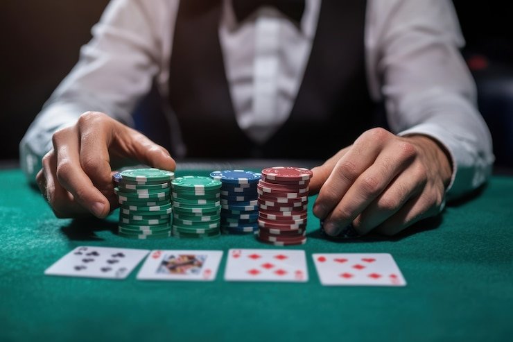 Antarmuka permainan Qiu Qiu dengan meja dealer dan kartu pemain